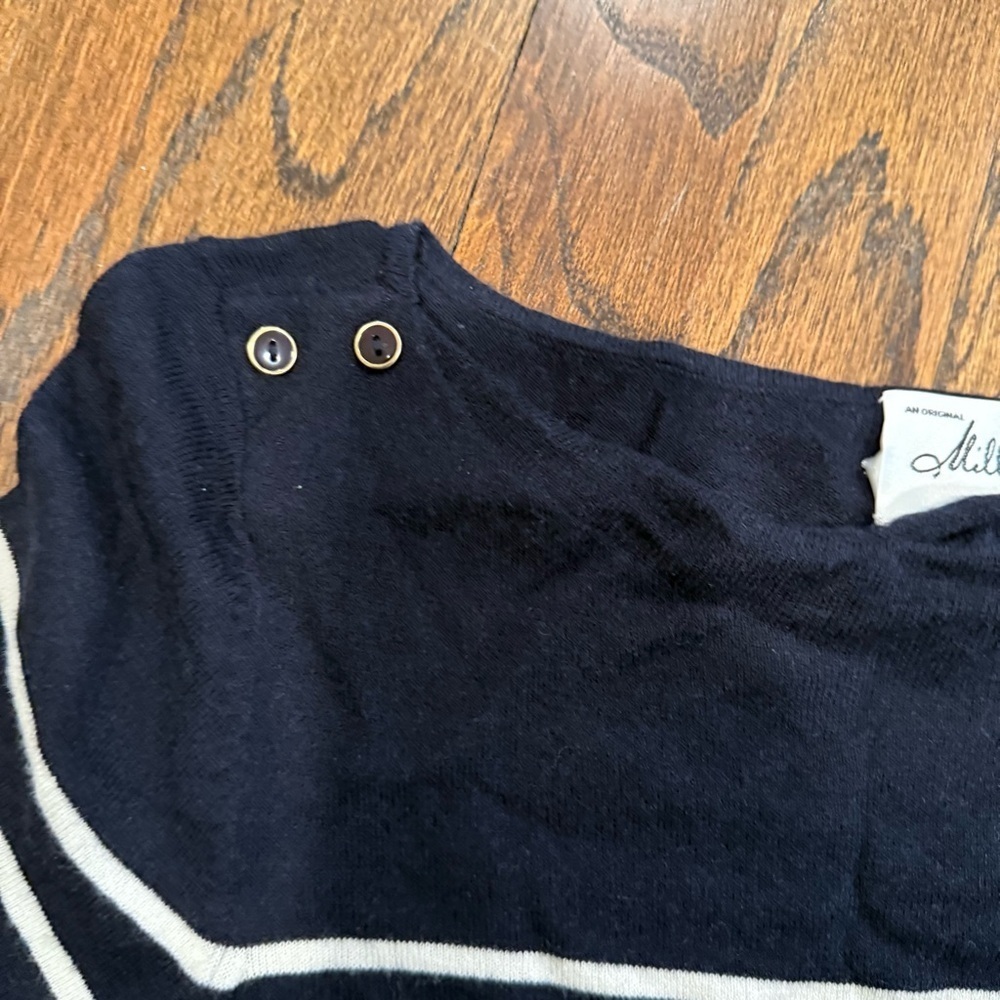 Milly Navy Blue White Stripe Sweater Accent Button Shoulders Size Small 1622 - Picture 3 of 9